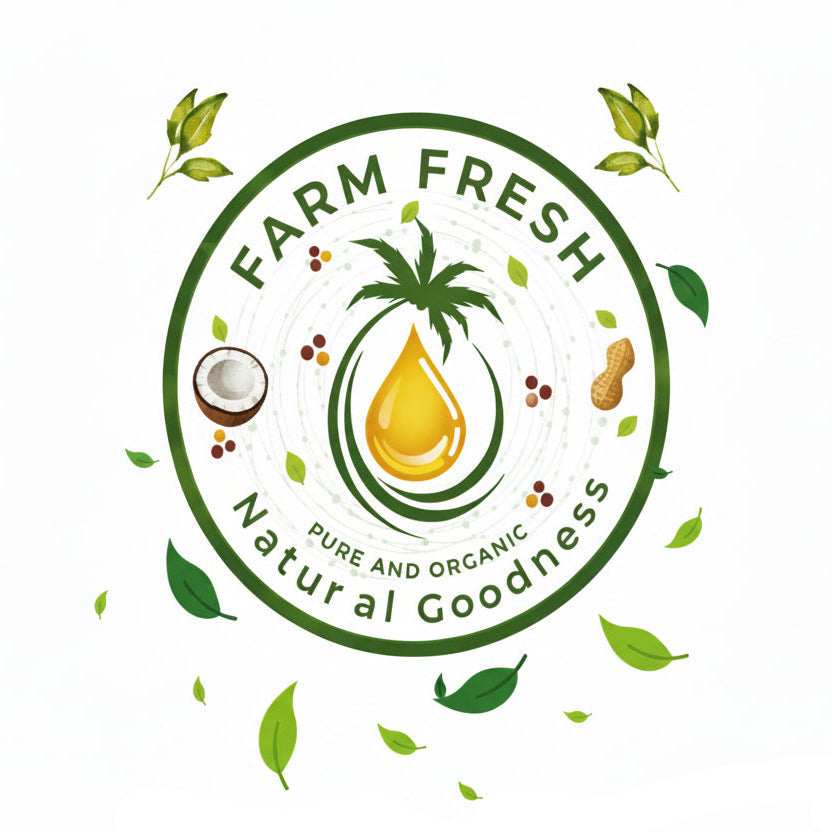 Farm Fresh logo on a white background with green leaves and a drop symbol.
